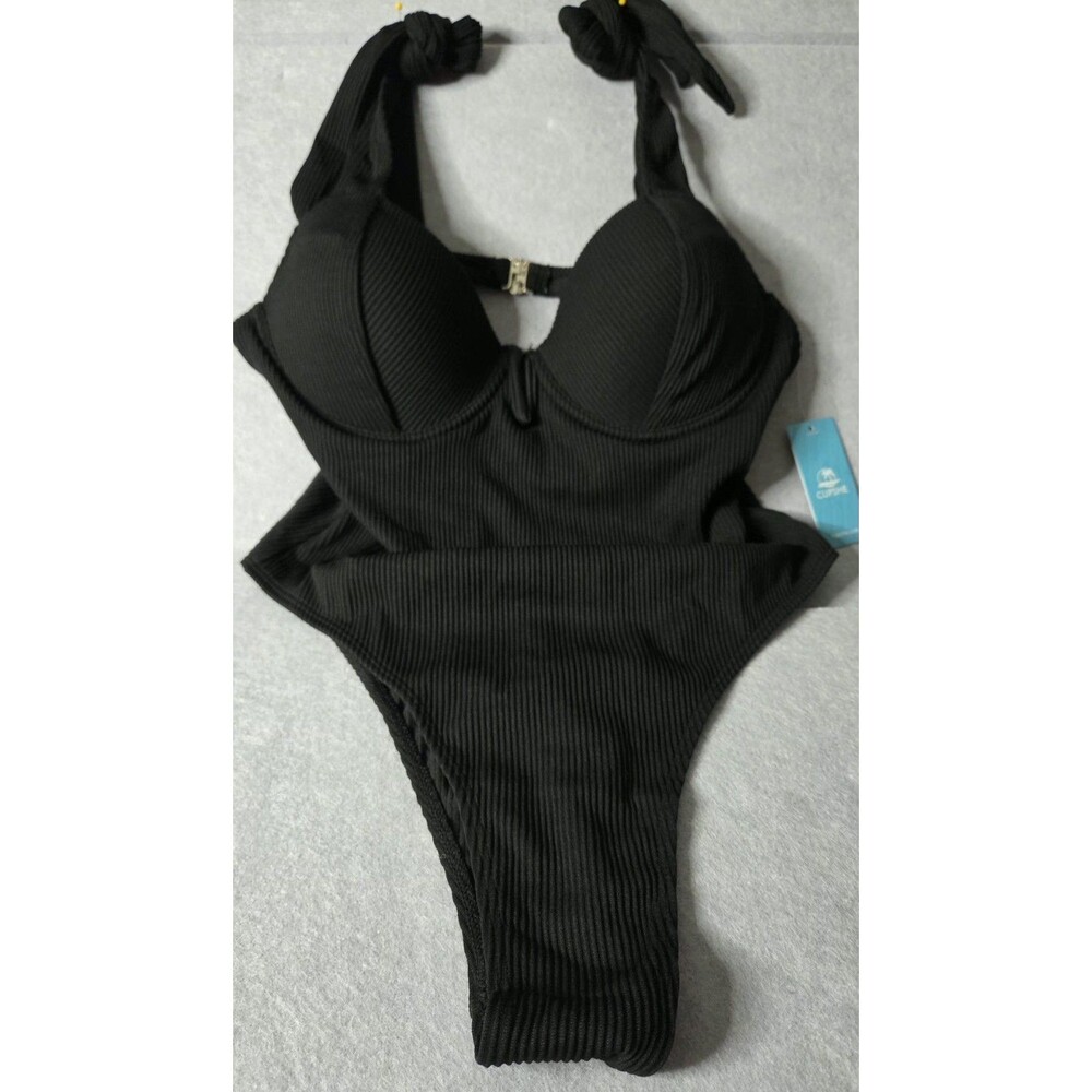 CUPSHE Women's Size L Black Ribbed One Piece Swimsuit Tie Shoulder Cutout NWT